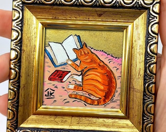 Framed Orange Cat Painting: Hand-Painted Miniature Wall Art