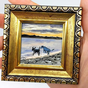 Framed Miniature Dogs Painting: Coastal Sunset Art by Julia Kot (2x2)