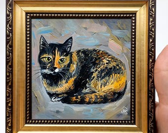 Pintura al óleo de gato carey, miniatura enmarcada, arte de pared en miniatura de gato carey.