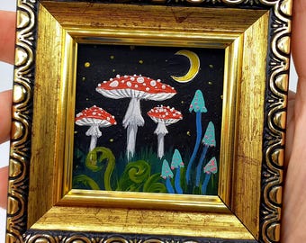 Fly Agaric Mushroom Painting: Framed Halloween Miniature Art (2x2)