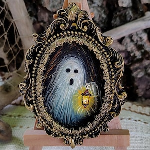 Miniature Ghost Oil Painting: Gothic Halloween Decor in Antique Frame