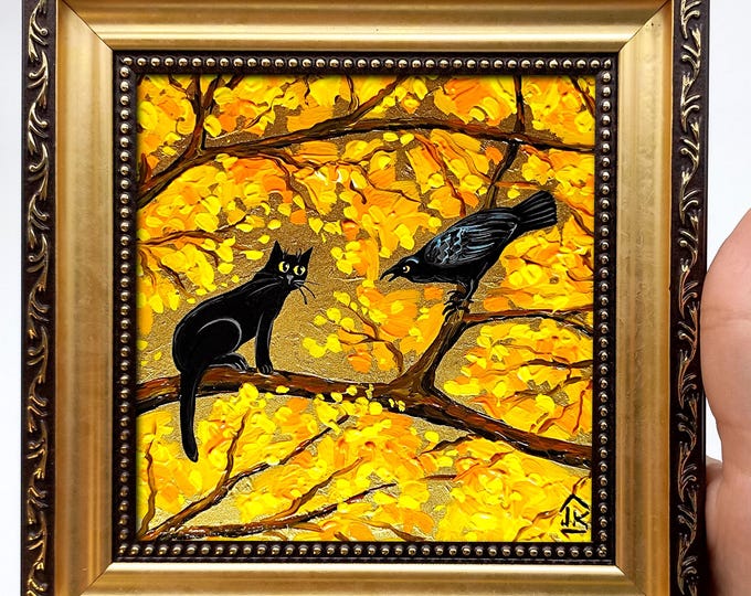 Black Cat & Raven Oil Painting: Golden Autumn Tree, Framed Miniature Art