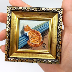 Orange Tabby Cat Painting: Tiny Framed Art 2 by 2