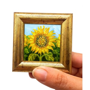 Sunflower painting Framed hand-painted Ukrainian sunflower miniature 2 by 2 tiny wall decor by Julia Kot