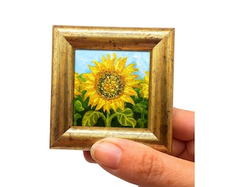 Sunflower painting Framed hand-painted Ukrainian sunflower miniature 2 by 2 tiny wall decor by Julia Kot