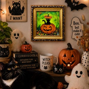 Black Cat Halloween-schilderij, pompoenmuurkunst, leuk griezelig decor, grillig herfstcadeau voor Halloween afbeelding 8