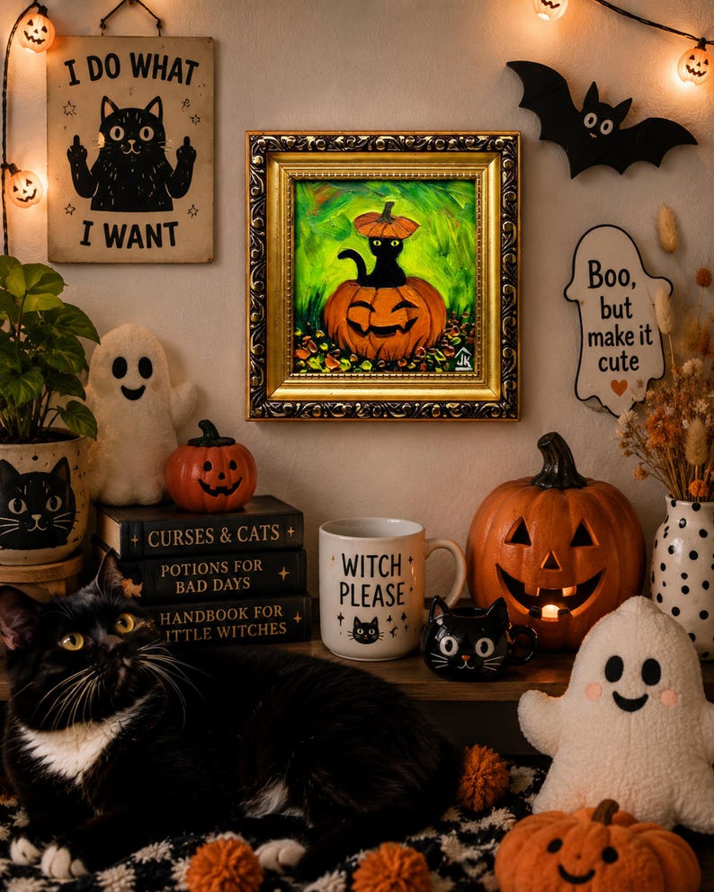 Black Cat Halloween-schilderij, pompoenmuurkunst, leuk griezelig decor, grillig herfstcadeau voor Halloween afbeelding 8