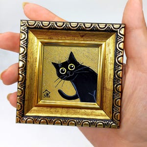 Framed Black Cat Painting: Funny Miniature Portrait, Golden Background