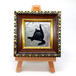 Black cat painting Framed hand-painted funny kitten on silver gold leaf background miniature by Julia Kot