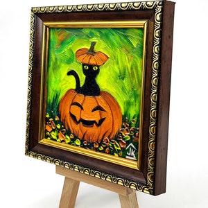 Black Cat Halloween-schilderij, pompoenmuurkunst, leuk griezelig decor, grillig herfstcadeau voor Halloween afbeelding 15