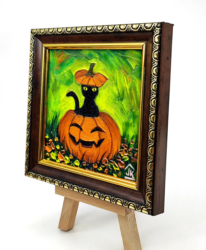 Black Cat Halloween-schilderij, pompoenmuurkunst, leuk griezelig decor, grillig herfstcadeau voor Halloween afbeelding 15
