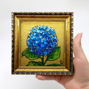 Hydrangea painting Framed hand-painted blue Hydrangea wall decor with gold leaf by Julia Kot