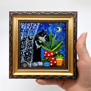 Tuxedo cat painting Framed hand-painted funny cat and flowers in pots at night wall decor by Julia Kot