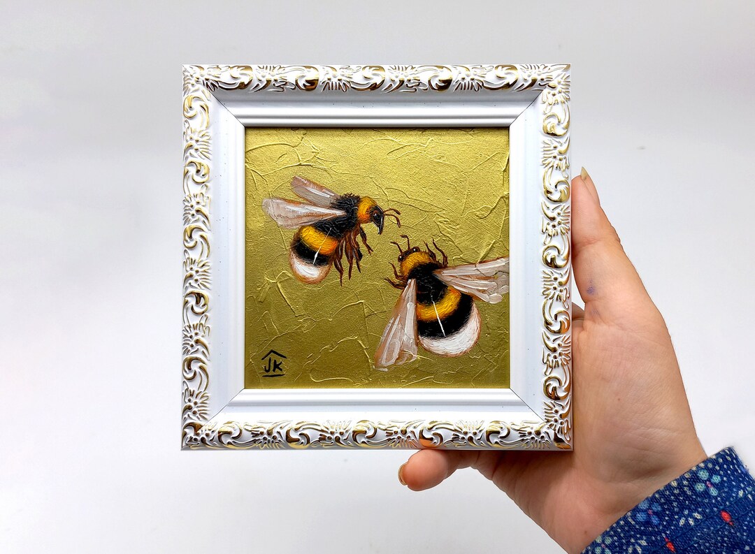 Bumblebee Painting Bees Couple Gold Leaf Texture Framed Tiny Original ...