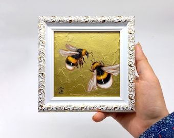Bumblebee painting Bees couple gold leaf texture framed tiny original art 4 by 4 by Julia Kot