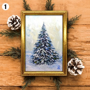 Snowy pine tree painting Framed winter landscape gift for nature lover 4 by 6 inches by Julia Kot