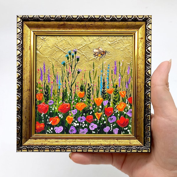 Honeybee and Wildflowers painting Framed poppy art on gold leaf miniature by Julia Kot