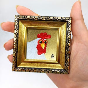 Chicken Miniature Painting: Quirky Rooster Portrait, Country Home Decor (2x2)