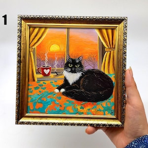 Tuxedo Cat Oil Painting: Framed Sunset Art, Cozy Home Decor