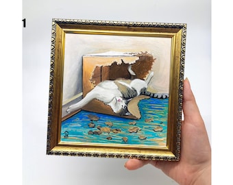 Framed Tabby Cat Painting: Funny Sleeping Cat in Box Wall Decor