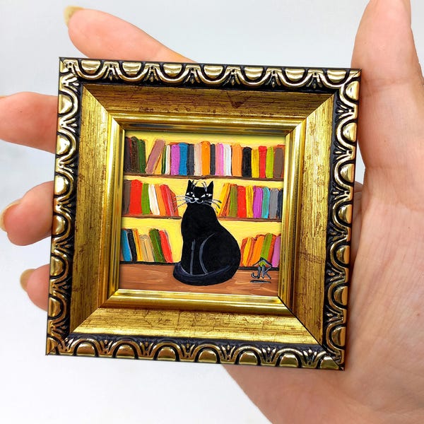 Black Cat Miniature Oil Painting: Funny Home Library Art, Framed