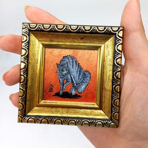 Gray tabby cat painting Framed hand-painted Frightened cat with yellow eyes tiny miniature by Julia Kot