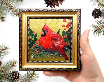 Cardinal painting Framed hand-painted Red bird wall art Christmas decor by Julia Kot