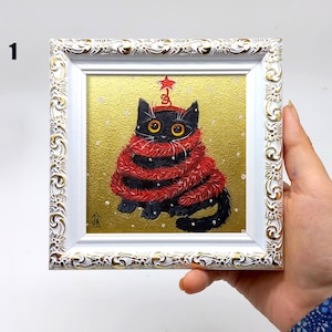 Black cat painting Kitty framed original art Christmas wall decor by Julia Kot