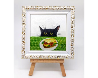 Black cat painting yellow cat eyes and breakfast Framed hand-painted miniature of black cat portrait by julia kot