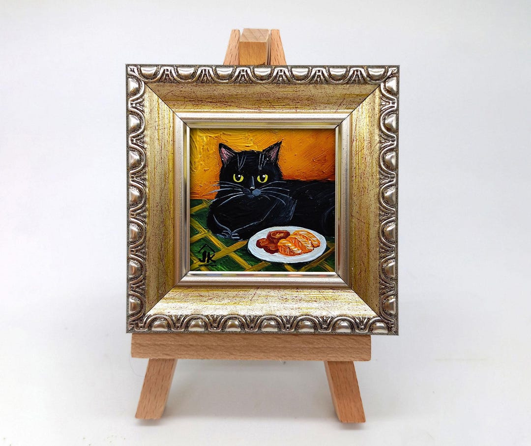 Miniature Black Cat Oil Painting, Framed Pet Portrait Art - Etsy