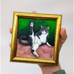 Tuxedo cat painting Framed hand-painted funny cat with sausages wall art by Julia Kot