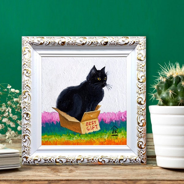 Black cat painting Framed hand-painted funny cute kitten in the box artwork by Julia Kot
