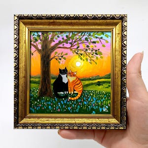 Loving Cats at Sunset Framed hand-painted orange and tuxedo cats couple miniature wall art by Julia Kot