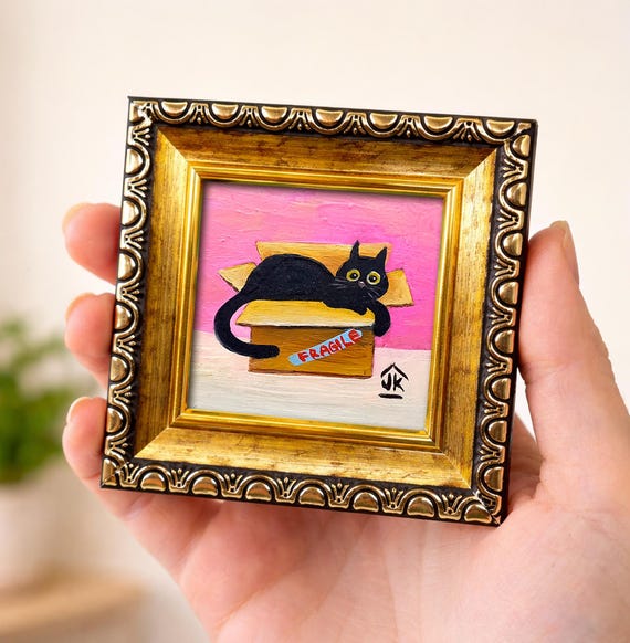 Black Cat Painting, Dopamine Decor, Quirky Kitten in Box, Cat Lover Gift