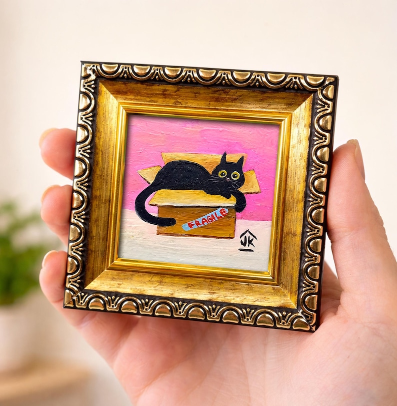 Black Cat Painting, Dopamine Decor, Quirky Kitten in Box, Cat Lover Gift image 1