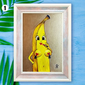 Funny Banana-Girl Oil Painting: Tropical Wall Art Decor