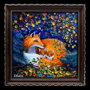 Foxes Impasto Painting: Mother and 2 Babies Forest Animals Original Artwork