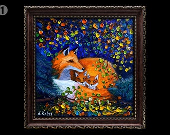 Foxes painting Framed hand-painted impasto fairytale fall wall art Mom and baby foxes wall decor by Julia Kot