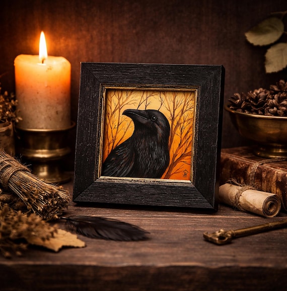 Raven Painting Original Art, Black Crow Miniature, Gothic Wall Decor, Dark Academia Art, Bird Lover Gift