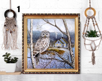 White Owl painting Framed winter hand-painted landscape Nordic wall art by Julia Kot