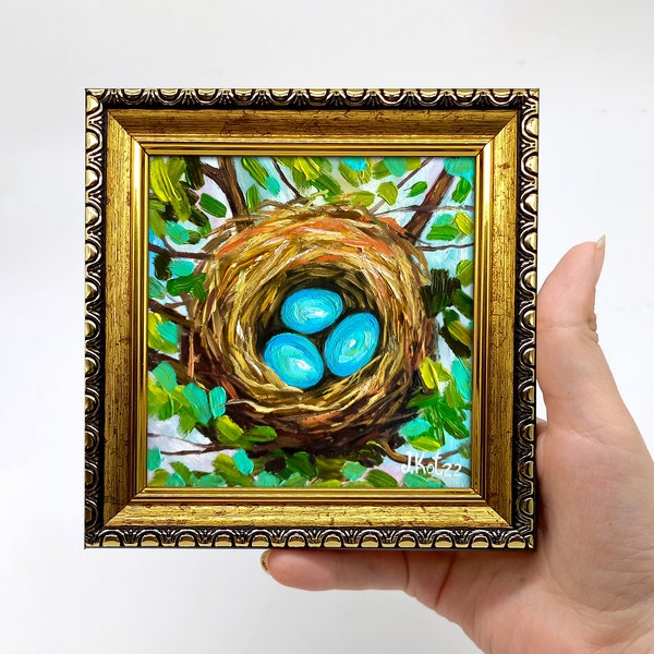 Robins egg in a nest painting Framed hand-painted blue turquoise wall decor miniature artwork by Julia Kot