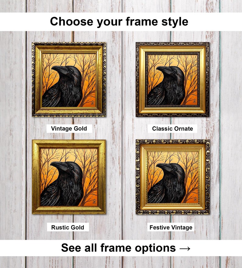 Pode incluir: Quatro impress&otilde;es de arte emolduradas com um corvo preto sobre um fundo laranja e castanho. Cada impress&atilde;o tem um estilo de moldura dourada diferente: Vintage Gold, Classic Ornate, Rustic Gold e Festive Vintage. O texto na parte superior diz "Escolha o seu estilo de moldura."