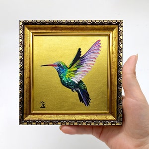 Hummingbird painting Framed hand-painted colorful tiny bird artwork flapping wings wall art with gold leaf by Julia Kot