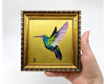 Hummingbird painting Framed hand-painted colorful tiny bird artwork flapping wings wall art with gold leaf by Julia Kot