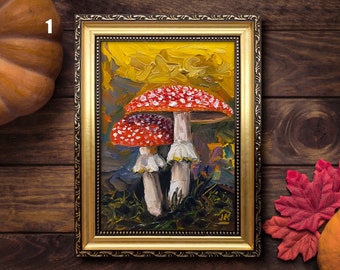 Amanita mushroom painting Framed hand-painted Fly agaric tiny artwork Halloween wall decor by Julia Kot