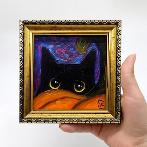 Black Cat Halloween Oil Painting: Framed Pumpkin Decor, 4x4