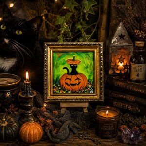 Black Cat Halloween-schilderij, pompoenmuurkunst, leuk griezelig decor, grillig herfstcadeau voor Halloween afbeelding 17