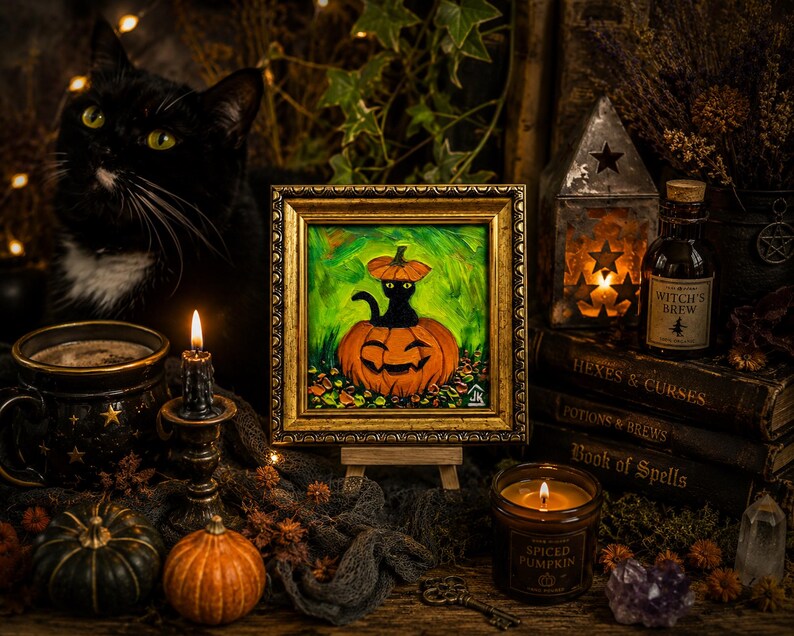 Black Cat Halloween-schilderij, pompoenmuurkunst, leuk griezelig decor, grillig herfstcadeau voor Halloween afbeelding 17