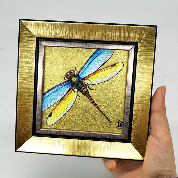 Hand-Painted Dragonfly Art: Gold Leaf Texture, Framed Wall Decor