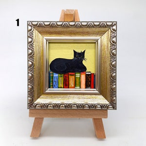 Black cat tiny painting Funny cat lies on the books framed original art by Julia Kot